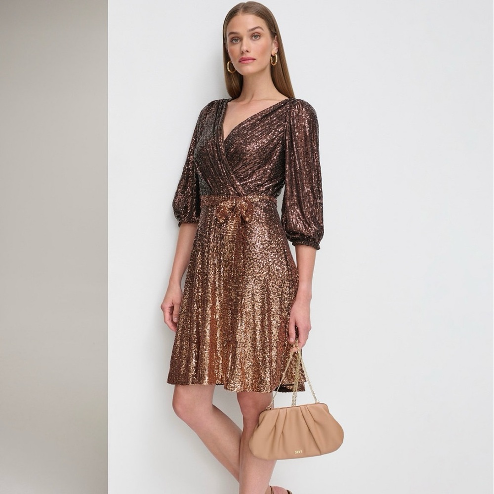 DKNY Bronze Copper Gold Sequin 3/4 Long Sleeve Dress Size 10